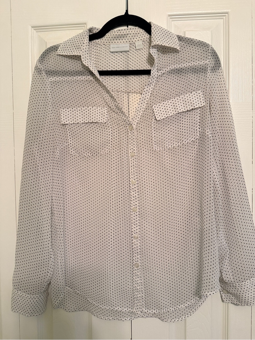 New York & Company White Button-Up Blouse with Black Dot Print
